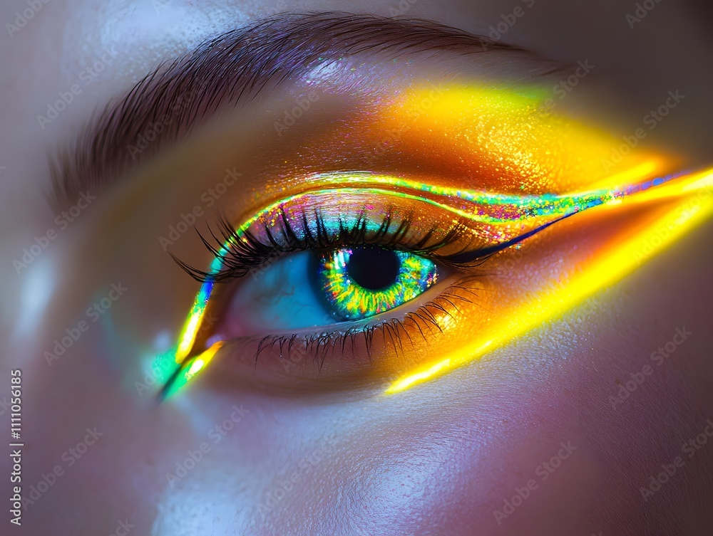 Aufkleber close-up of a stunning eye with vibrant colors and artistic makeup, featuring iridescent patterns an