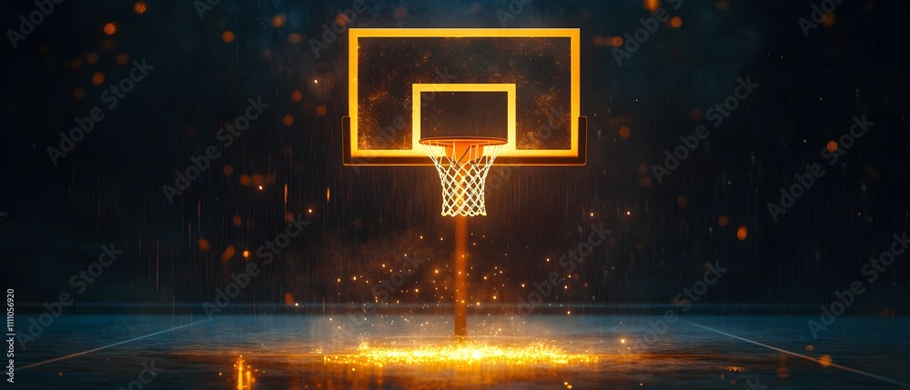 Poster dynamic and energetic basketball hoop surrounded by sparks and glowing lights against dark backgroun
