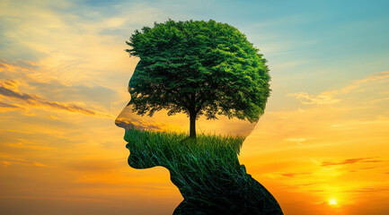 silhouette of man with double exposure effect, featuring lush tree and vibrant sunset. This artistic representation symbolizes growth and connection to nature