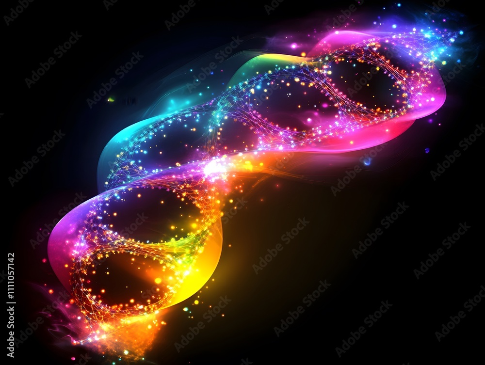 Poster vibrant abstract representation of dna helix in rainbow colors with sparkles and glowing effects set