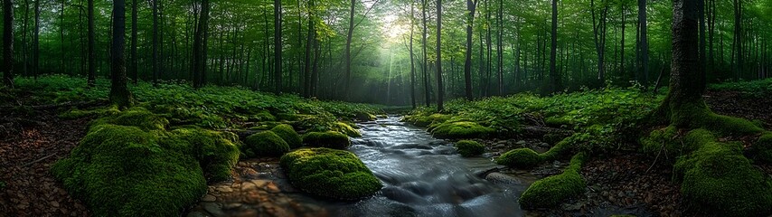 Fototapeta premium A serene forest scene featuring a gentle stream flowing through lush greenery, with sunlight filtering through the dense tree canopy, creating a tranquil and peaceful atmosphere.