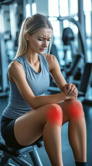 Fototapeta premium Woman in gym holding knee in pain during workout.