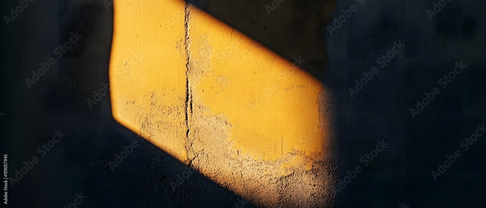 Aufkleber Abstract Play of Light and Shadow on a Textured Yellow Wall with Dark Background Creating a Striking Contrast in a Dimly Lit Environment