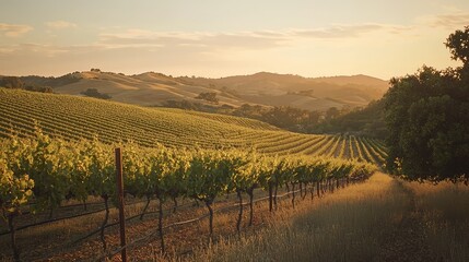 Naklejka premium Serene Golden Hour in Vineyard Landscape with Rows of Lush Green Grapevines and Rolling Hills Under a Soft Sunset Sky