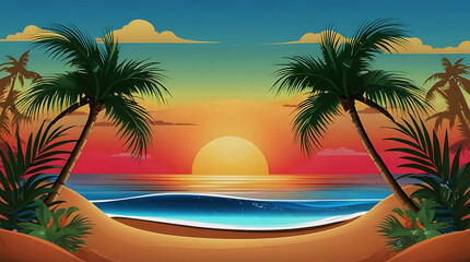 Obraz premium Serene Tropical Beach Sunset: Nature-Inspired Scenic Art with Palm Trees and Soft Waves