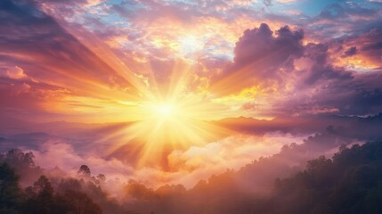 Fototapeta premium Majestic Sunrise Over Misty Mountains with Vibrant Colors and Dramatic Clouds Illuminating the Natural Landscape in an Enchanting Morning Scene