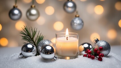 A festive holiday scene featuring a lit tealight candle, silver glittery ornaments, red berries,...