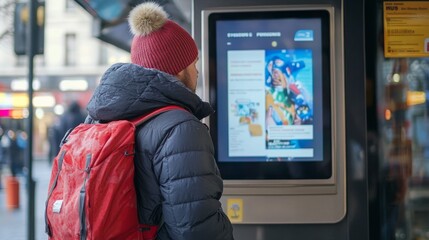 A person using a digital kiosk in an urban setting, likely for information or directions.