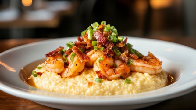 Photo of, A tempting plate of shrimp and grits with saut&eacute;ed shrimp, creamy cheddar grits