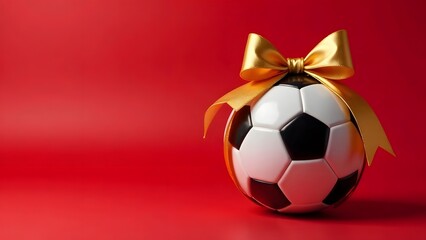 Soccer ball, gift with gold bow on red background