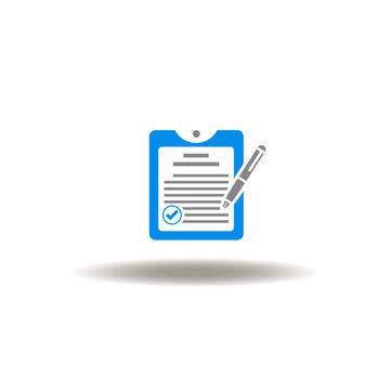 Vector illustration of clipboard and document with checkmark and pen. Symbol of execute. Icon of compliance. Sign of execution.
