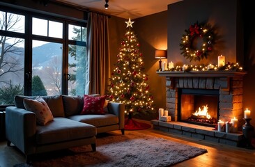 Obraz premium Christmas tree in the living room with cozy plaids on the sofa or sofa, decorative pillows, fireplace and cozy atmosphere