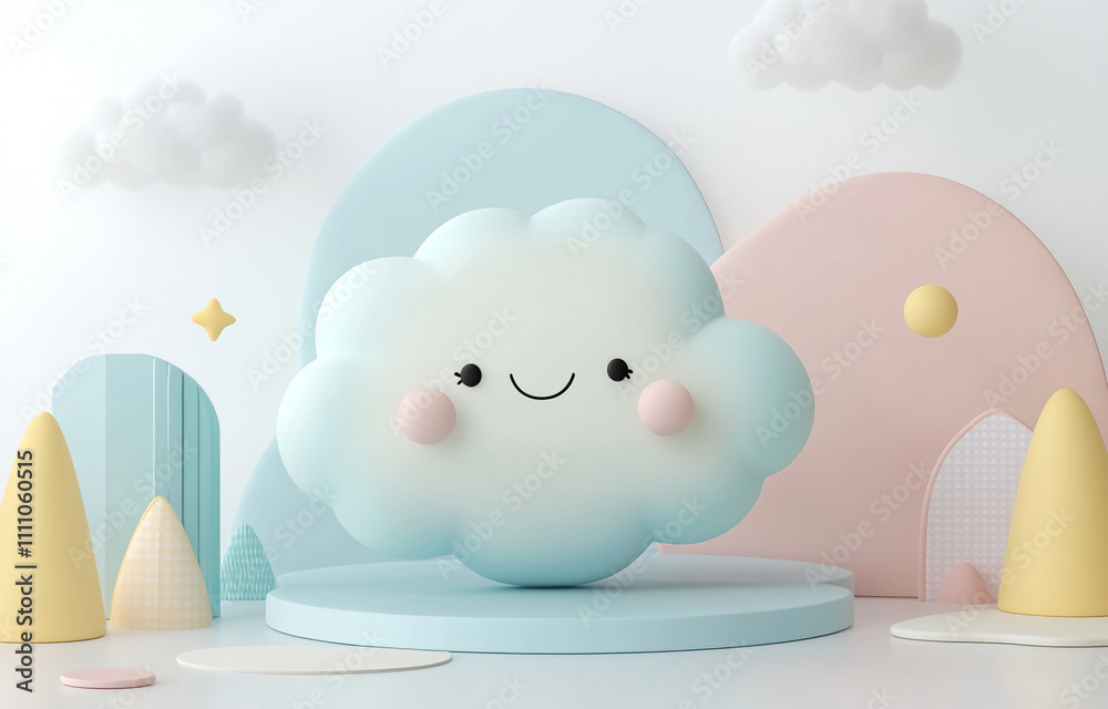 Poster Cute cloud character surrounded by pastel shapes and playful elements in a whimsical setting