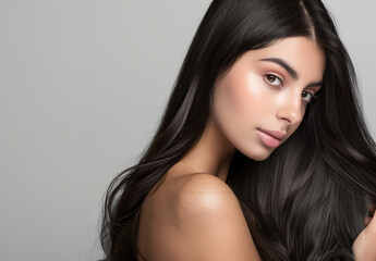 Naklejka premium Close-up professional portrait of a woman with long dark hair, flawless skin, and natural makeup, showcasing elegance and beauty in a clean studio setting