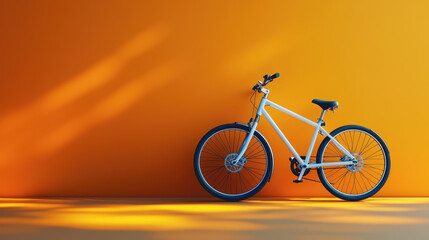 Fototapeta premium Modern White Bicycle Leaning Against Vibrant Orange Wall in Bright Indoor Space with Dramatic Shadows and Soft Lighting