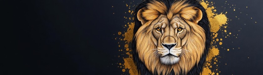 Fototapeta premium Leo lion surrounded by golden ink splashes, Leo ink lion, dynamic regal style