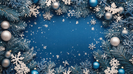 Fototapeta premium festive Christmas background featuring blue and silver decorations, including ornaments, snowflakes, and pine branches, creating cheerful holiday atmosphere