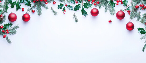 Festive Christmas garland featuring vibrant red ornaments and lush green holly leaves, creating cheerful holiday atmosphere. Perfect for seasonal decorations