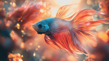 Fototapeta premium Vibrant Betta Fish Swimming Gracefully Amidst Colorful Aquatic Plants in a Dreamy Underwater Environment with Soft Lighting and Bokeh Effects