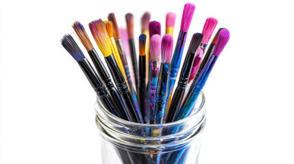Fototapeta premium Colorful paintbrushes in glass jar create vibrant and artistic display, perfect for any creative project. variety of colors and styles inspires imagination and creativity