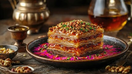 Fototapeta premium Delicious Layered Dessert with Nuts and Honey Syrup on a Rustic Wooden Table, Surrounded by Elegant Serveware and Natural Light for Culinary Photography