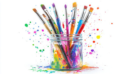 Colorful paintbrushes in glass jar create vibrant display, surrounded by splashes of paint. This artistic arrangement captures creativity and inspiration beautifully