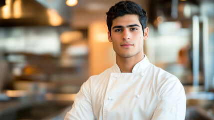 Fototapeta premium A portrait of a young male chef in his mid-20s, wearing a clean white chef’s coat and toque, standing confidently in a modern restaurant kitchen
