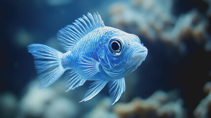 Fototapeta premium Vibrant Blue Fish Swimming Gracefully Through Crystal Clear Ocean Water Surrounded by Coral Reefs in a Colorful Underwater Environment