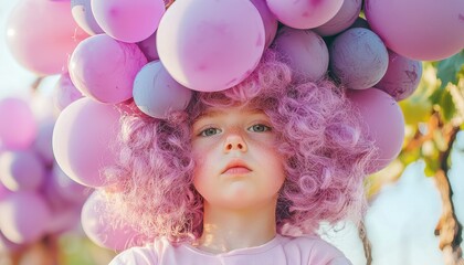 Fototapeta premium Adorable Girl Surrounded by Vibrant Bunch of Grapes with Playful Hair in a Sunlit Vineyard