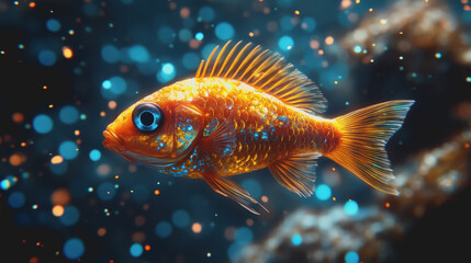 Fototapeta premium Vibrant Goldfish Swimming in a Colorful Underwater World Filled with Bubbles and Light Reflections, Captivating Aquatic Life Scene