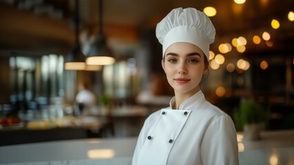A portrait of a young female chef in her mid-20s, wearing a clean white chef’s coat and toque, standing confidently in a modern restaurant kitchen