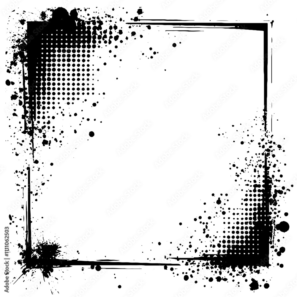 Aufkleber Vector ink frame border and halftone dot pattern on a retro background. Comic overlay with grunge splatter. Perfect for pop art posters, vintage flyers, or abstract designs.
