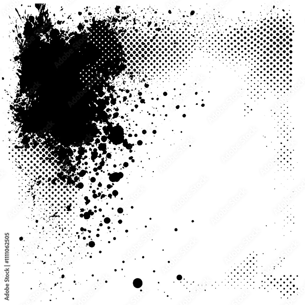 Poster Vector halftone frame with rough ink border on an abstract background. Retro design featuring splatter, geometric patterns, and grungy texture.