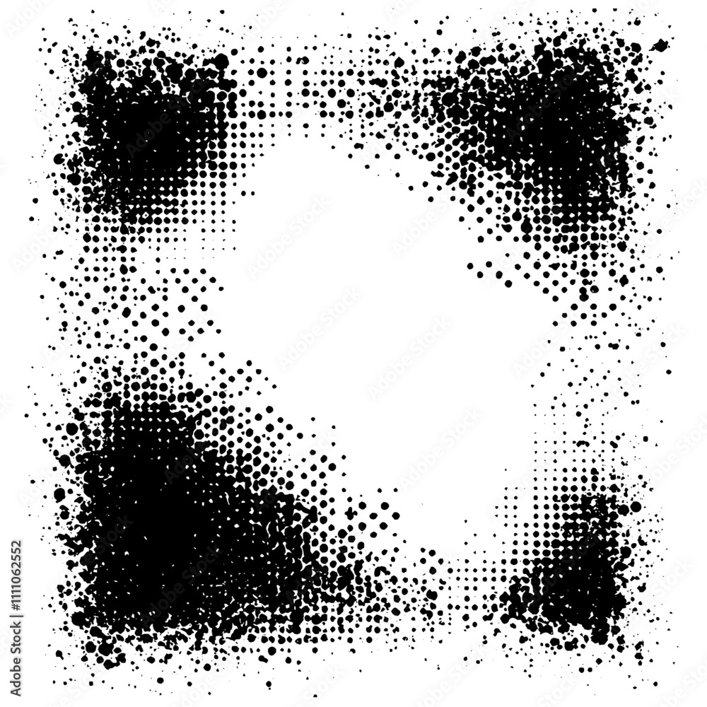 Poster Vector grunge frame with halftone dot gradient and rough texture. Black and white stipple effect with faded edges and grainy overlay.