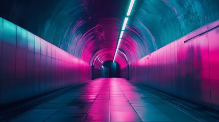 Neon-lit tunnel with pink and blue hues.