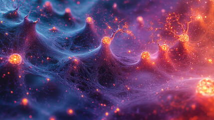 Artistic depiction of a neural network, featuring interconnected nodes and pathways in vibrant purple and orange hues, illustrating complex brain activity.