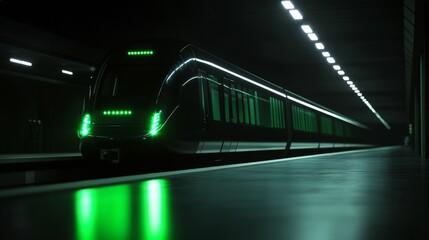 Futuristic green-illuminated train in modern underground tunnel.