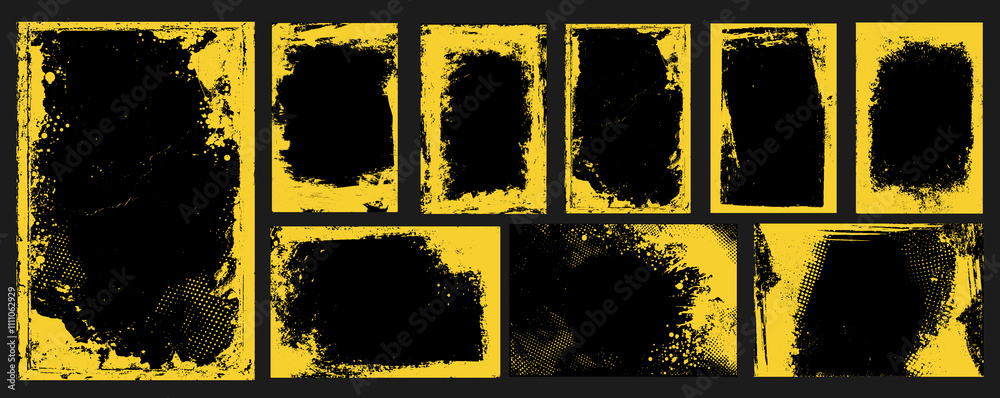 Poster Vector grunge frame with yellow halftone paint splashes and rough brush strokes. Abstract background featuring dark, creative design elements perfect for music event posters.