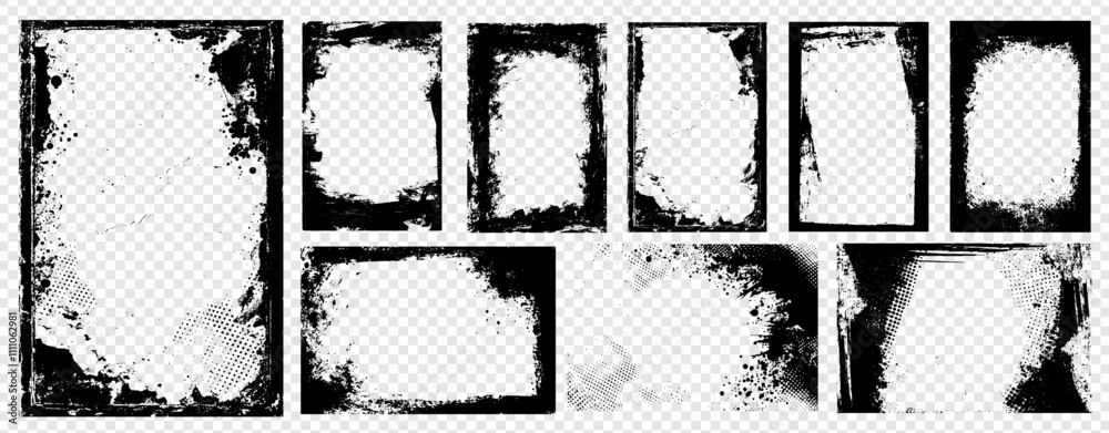 Poster Vector retro frame set with rough brush strokes and halftone pattern. Grunge poster design featuring abstract geometric shapes, paint splashes, and a distressed texture.
