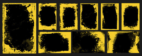 Vector grunge frame with yellow halftone paint splashes and rough brush strokes. Abstract background featuring dark, creative design elements perfect for music event posters.