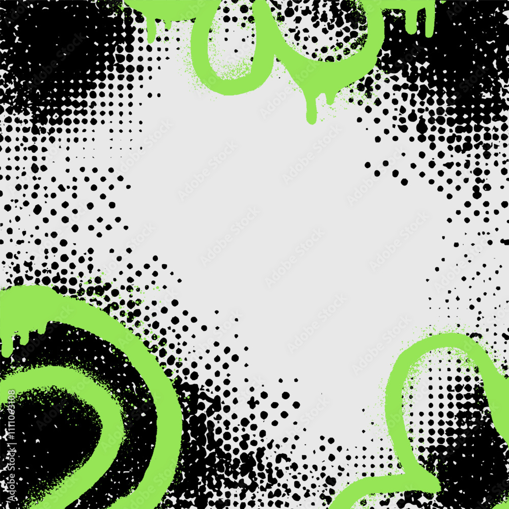 Poster Graffiti spray acid frame with halftone dots and splatter. Retro vector background featuring distressed brush strokes, rough edges. 