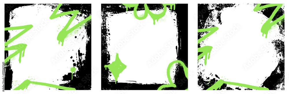 Poster Spray graffiti green element rough paint. Vector abstract frame set with black graphic on grungy paper background.