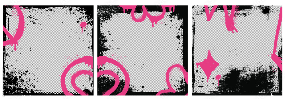 Poster grunge spray urban background set with pink graffiti element, brush strokes, and rough paint. retro 
