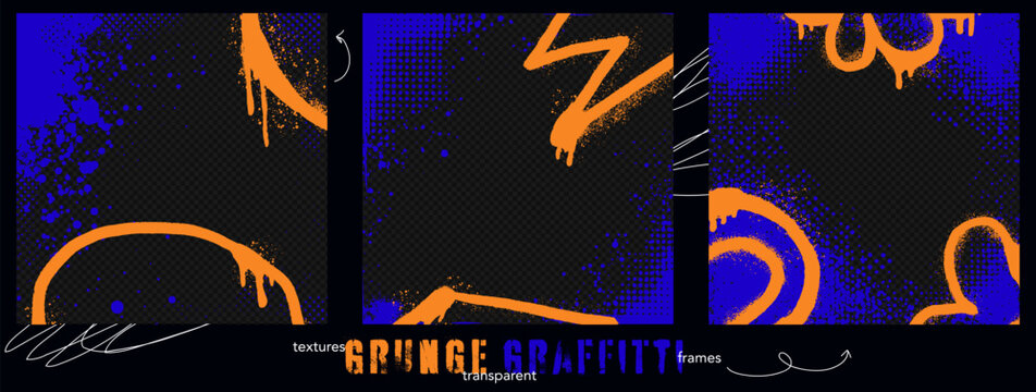 Grunge spray urban background set with paint, street art, and vector abstract splash. Punk fashion poster design with brush strokes and hip vintage texture.