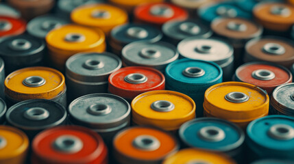 Fototapeta premium A collection of colorful, varied batteries are arranged closely together, showcasing a diverse assortment of energy sources in a compact format.