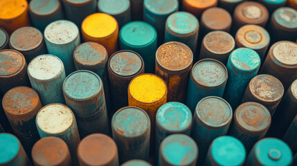 A close-up view of stacked metal cylinders, varying in color and texture, showcasing industrial design and pattern repetition.