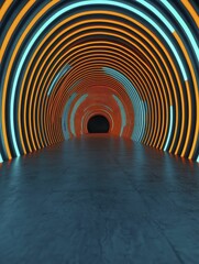 Nonlinear dynamics interactive installation, futuristic tech aesthetic, vibrant neon hues, front view emphasis, featuring pulsating waveform backdrop.