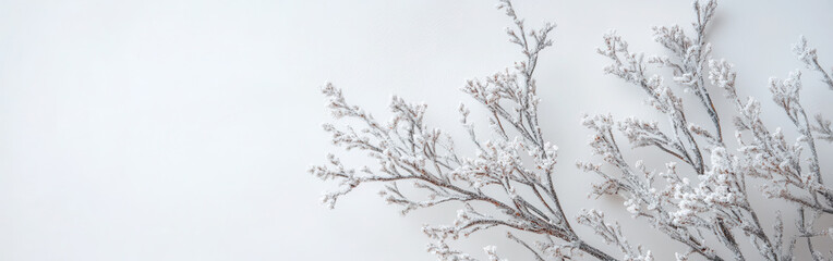 Frosted branches against white background create serene winter atmosphere, evoking feelings of calm and tranquility. delicate details of frost highlight beauty of nature in winter
