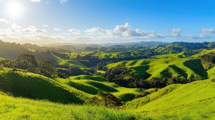Naklejka premium Majestic Green Hills Under Bright Blue Sky with Fluffy Clouds: A Scenic Paradise Capturing the Essence of Nature's Splendor in a Remote Landscape