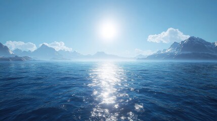 Serene Mountain Lake Landscape: A Breathtaking View of Majestic Peaks and Tranquil Waters Under a Bright Sun